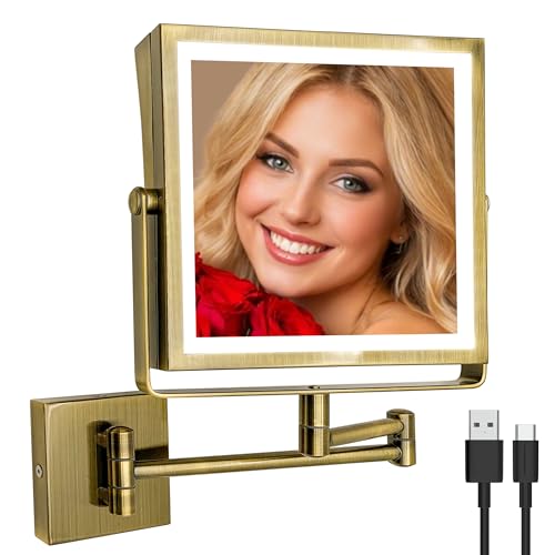 Ruacq Wall Mounted Makeup Mirror with Lights 1X/10X Antique Brass | 8",4000mAh Rechargeable,Magnification,3 Color,Touch Screen Dimmable,360° Rotation Extension Foldable Arm, Square, Women Gift - color: Antique Brass