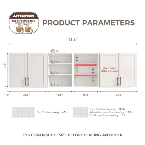 Furnaza 78.6" W Wall Cabinets for Laundry Room with Adjustable Shelf | White Upper Kitchen Wall Mounted Cabinets With Two Shaker Doors for Bathroom,Garage,12"D x 22"H,Floating Hanging Storage - size: 78.6"W