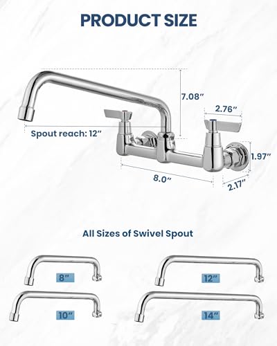 Airuida 8 Inch Chrome Polish Wall Mounted Kitchen Faucet with 12 Inch Spout | Commercial Sink Faucet,Dual Handles,Utility Sink Faucet,360° Swivel Spout - size: 12 Inches Spout