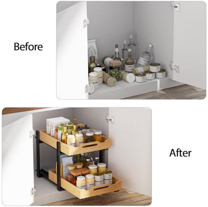 Pull Out Cabinet Organizer, 2-Tier Drawers for Kitchen Cabinet | Sliding Bamboo Under Sink Organizer for Kitchen Storage Organization with Coated Iron Frame, Bathroom Organizers and Storage