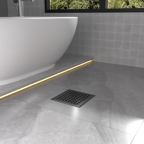 4 Inch Matte Black Square Shower Drain with Removable Grate | AISI 304 Stainless Steel Shower Drain, Floor Drain with Hair Catcher & ABS Flange, Fits Bathroom & Balcony etc - color: Matte Black, size: 4 in