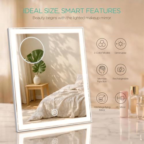 VOYOR Vanity Mirror with Lights, 11.8"x9.8"Rechargeable LED Makeup Mirror | 3 Light Modes, Dimmable, 10X Magnification, Smart Touch Control, Easy to Clean, Lighted Tabletop Mirror, CM300