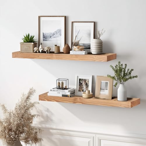 Solid Wood Floating Shelves, 36 Inch Wall Shelves, Set of 2, Oak | 8 Inch Deep, 1.6 Inch Thick, Extra-Wide Display Space, Mounting Hardware Included, For Kitchen, Bathroom and Living Room - color: Oak, size: 36x8x1.6
