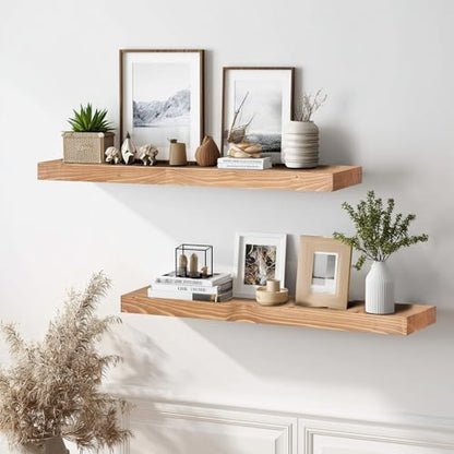 Solid Wood Floating Shelves, 36 Inch Wall Shelves, Set of 2, Oak | 8 Inch Deep, 1.6 Inch Thick, Extra-Wide Display Space, Mounting Hardware Included, For Kitchen, Bathroom and Living Room - color: Oak, size: 36x8x1.6