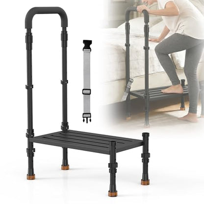 Medical Step Stool, Wide Platform, Adjustable Handrail & Legs | Adjustable handrail(32.5”-40.4”) & sturdy steel frame. 800 lb capacity. Use on bed, car SUV & bathroom. Safe for seniors. - color: Black
