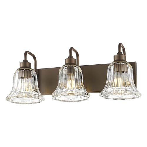 zeyu 22" 3-Light Farmhouse Bronze Vanity Light, Striped, ZJX117B-3W ORB | Oil Rubbed Bronze Bathroom Light Fixtures, 3-Light Wall-Mount Design, Clear Striped Glass Shades, For Bathroom Mirror - color: ORB+Clear Striped Glass, size: 3-Light
