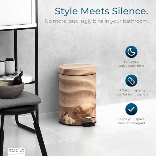Sanilo Small Bathroom Trash Can with Lid [1.3 Gallon] - Lidded Tiny Trashcan for Garbage - Mini Metal Bin with Soft Closing Mechanism - Bath Room Accessoire Wastebin with Inner Bucket (Sanibel) - color: Sanibel