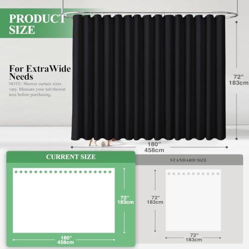 Extra Wide 3 in 1 Waffle Shower Curtain and Liner Set 180x72 Black | 180 Inch Wide, Waterproof Clear PEVA Liner, 256GSM Heavy Duty Fabric, Hotel Luxury Shower Curtains for Bathroom, 32 Hooks - color: A Black, size: 180"W x 72"L (Pack of 1)