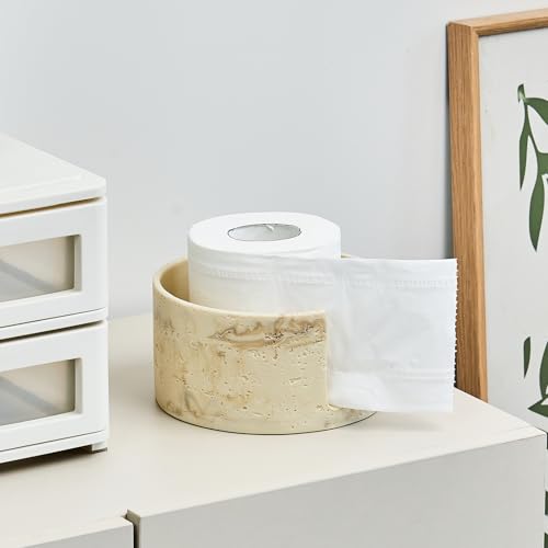 Natural Travertine Textures Toilet Paper Holder Stand for Bathroom Countertop or Floating Shelves,Toilet Top Decorative Roll Organizer Mega Roll 5.5 Inches or Less, Free Standing Mega Roll Storage