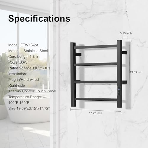 HARNDY Electric Towel Rack with Voice Control for Alexa & Google Home,TUYA - Wall-Mounted Bathroom Heating Towel Warmer,Plug-in,Stainless Steel Material (Square Black with Timer, 4 Bar) - color: Square Black With Timer, size: 4 Bar