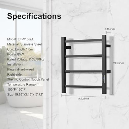 HARNDY Electric Towel Rack with Voice Control for Alexa & Google Home,TUYA - Wall-Mounted Bathroom Heating Towel Warmer,Plug-in,Stainless Steel Material (Square Black with Timer, 4 Bar) - color: Square Black With Timer, size: 4 Bar