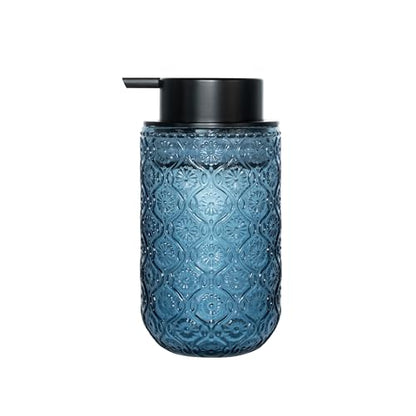 13.5 oz Glass Soap Dispenser, Luxurious Floral Embossed Glass Bathroom Countertop Foaming Pump for Kitchen Vanity (Blue) - color: Blue