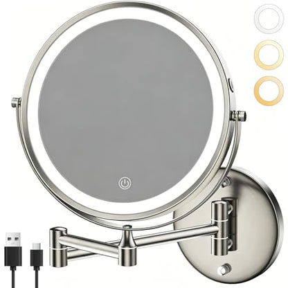8.5" Wall Mounted Lighted Makeup Mirror, 3000 mAh Rechargeable Double-Sided 1X 10X Magnifying Mirror, 3 Color Lighting, Touch Screen Dimming, Extended Arm 360 Rotation Bathroom Mirro, Brushed Nickel - color: Brushed Nickel Wall-mounted