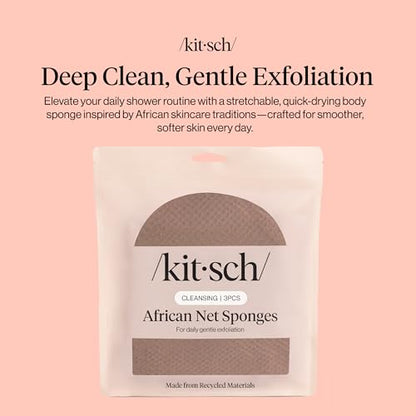 Kitsch African Net Sponge – Exfoliating Body Scrubber – Rosewood, 3 Pcs | for Cleansing & Gentle Daily Exfoliation – Stretchable Bath Sponge for Hard-to-Reach Areas – Long-Lasting Shower Essential - color: Rosewood