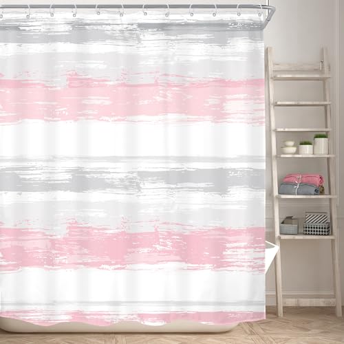 Abstract Gray Pink Women Modern Striped Neutral Bathroom Shower Curtain Set | 60Wx72H Geometric Watercolor design, waterproof HD print with fast-drying fabric and 12 hooks. - color: A3-pink Grey, size: 60"W x 72"L (Pack of 1)