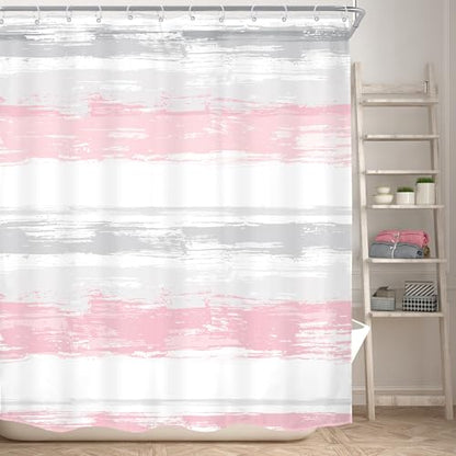 Abstract Gray Pink Women Modern Striped Neutral Bathroom Shower Curtain Set | 60Wx72H Geometric Watercolor design, waterproof HD print with fast-drying fabric and 12 hooks. - color: A3-pink Grey, size: 60"W x 72"L (Pack of 1)