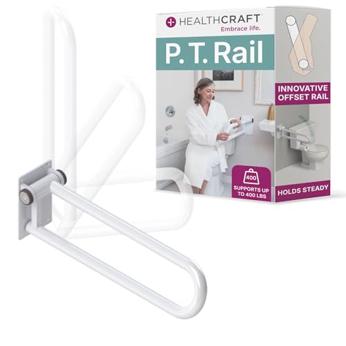 HEALTHCRAFT P.T. Rail 28" Left Side, Fold-Down Toilet Rail - White | Wall-mounted hinged toilet rail, folds flat when not in use - color: Powder Coat White, size: 28"