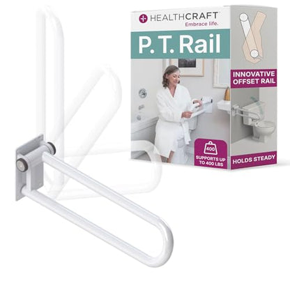 HEALTHCRAFT P.T. Rail 28" Left Side, Fold-Down Toilet Rail - White | Wall-mounted hinged toilet rail, folds flat when not in use - color: Powder Coat White, size: 28"