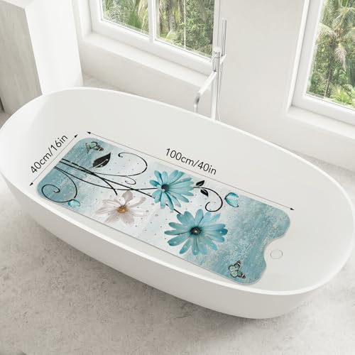 SHUCHING Turquoise Bath Mat for Tub Non Slip-40x16 Inch, Flower | Bathtub Mat for Elderly& Women Mold Free, Long Shower Mat for Inside Shower with Suction Cup, Machine Washable - color: Rustic Daisy
