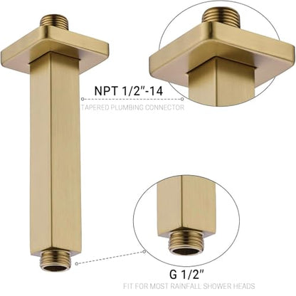 Brushed Gold Shower Arm with Flange 6 Inch Straight Extension Arm for Ceiling Mount Square Rainfall Shower Head, Male NPT 1/2" to G1/2", Stainless Steel - color: Brushed Gold, style: 6-Inch