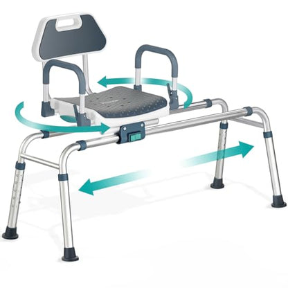 Sliding Shower Chair Tub Transfer Bench with Swivel Seat, Shower Bench for Elderly and Disabled, with Security Belt, 360 Rotation, Slides and Rotates, Adjustable,one Touch Slide Button, Dark Blue - color: Dark Blue