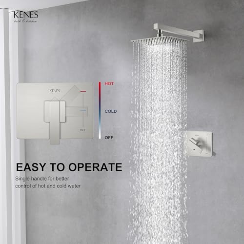 KENES Brushed Nickel 10-Inch Shower Head and Handle Set, Square Shower Faucet Set Bathroom Rainfall Shower System Wall Mount, KE-6024B (Shower Valve Included) - color: Brushed Nickel, style: Shower Faucet Set