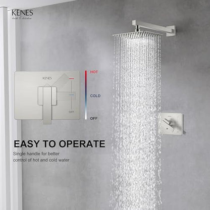 KENES Brushed Nickel 10-Inch Shower Head and Handle Set, Square Shower Faucet Set Bathroom Rainfall Shower System Wall Mount, KE-6024B (Shower Valve Included) - color: Brushed Nickel, style: Shower Faucet Set