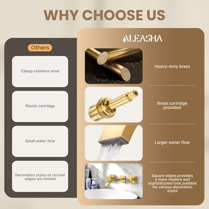 ALEASHA Wall Mounted Bathroom Sink Faucet, Brushed Gold Bathroom Faucet | Waterfall Bathroom Sink Faucet with Two Handles, Controllable Heat and Cold, Solid Brass Wall-Mount Washroom Faucets - color: Brushed Gold