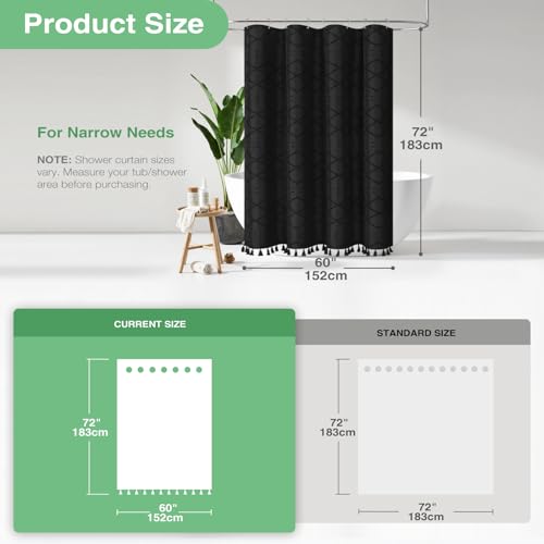 Stall Shower Curtain and Liner Set - 60 inch Wide Boho Shower Curtain and Waterproof Clear Liner, Tufted Geometric Striped Textured Tassel Shower Curtains for Bathroom, 10 Hooks, 60x72, Black - color: Black, size: 60"W x 72"L (Pack of 1)