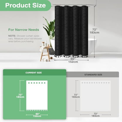 Stall Shower Curtain and Liner Set - 60 inch Wide Boho Shower Curtain and Waterproof Clear Liner, Tufted Geometric Striped Textured Tassel Shower Curtains for Bathroom, 10 Hooks, 60x72, Black - color: Black, size: 60"W x 72"L (Pack of 1)