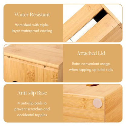GOBAM Bamboo Toilet Paper Storage - Fits 3 Mega Toilet Paper, Bathroom Organizer, Toilet Paper Holder Stand, Bamboo Bathroom Accessories - Natural, 5.9 x 5.9 x 16.1 inches - size: 3 Roll - Square