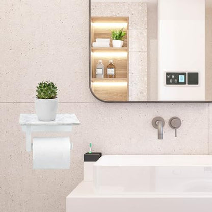 Toilet Paper Holder with Natural Marble Shelf, Wall Mounted Tissue Holder, Modern and Durable Bathroom Accessory for Bathroom Washroom (White) - color: White
