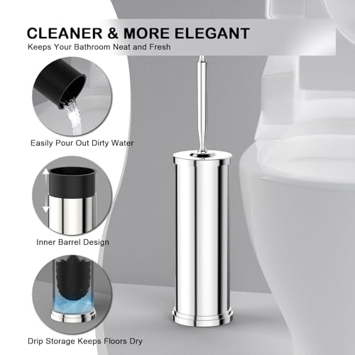 Stainless Steel Toilet Bowl Brush and Holder Set Scrubber Chrome | Weighted Stable Base Removable Inner Tube Toilet Bowl Brush Splash-Proof Design for Deep Cleaning Space Saving Storage - color: Chrome