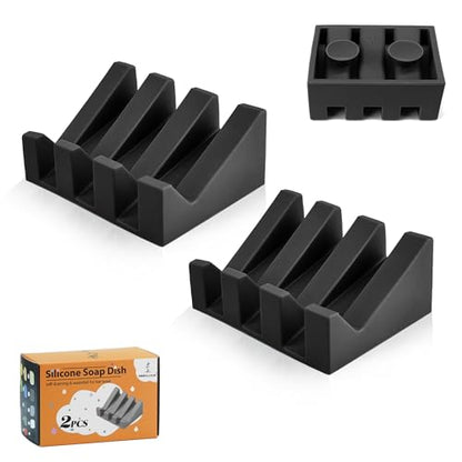 Silicone Soap Dish Self Draining with Suction Cups (Black, 2 Pack) | Waterfall drainage design drains fast to keep soap dry silicone soap saver with reusable suction cups for bathroom & kitchen - color: Black, size: 2