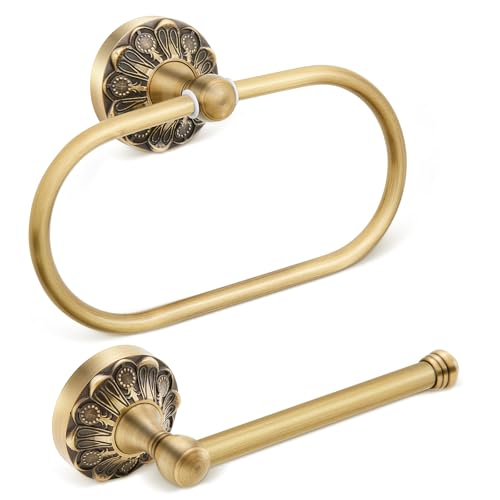 2 Pieces Set Antique Brass Toilet Paper Holder Retro Brass Hand Towel Ring Tissue Roll Paper Hanger Bathroom Hardware Wall Mounted Vintage Bathroom Accessories(Rectangle) - style: Rectangle
