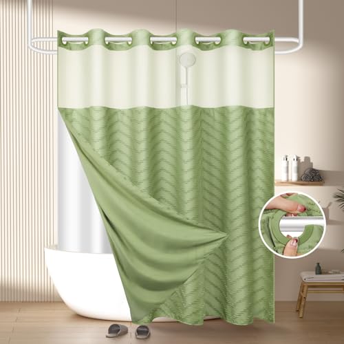 FADOTY Green No Hook Shower Curtain Set with Snap in Liner, 71'' x 74'' | Bathroom Hotel Fabric Curtain, Waterproof Washable Liner, See Through Top Window, Ringless Chevron Tufted Cloth Curtain - color: Sage Green, size: 71"W x 74"L (Pack of 1)
