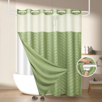 FADOTY Green No Hook Shower Curtain Set with Snap in Liner, 71'' x 86'' | Bathroom Hotel Fabric Curtain, Waterproof Washable Liner, See Through Top Window, Ringless Chevron Tufted Cloth Curtain - color: Sage Green, size: 71"W x 86"L (Pack of 1)