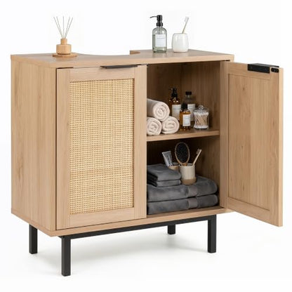 24-inch Pedestal Sink Storage Cabinet, Under Sink Cabinet (Natural) | U-Shaped Cut-Out | 2 Rattan Doors & Shelf | Solid Metal Legs - color: Natural
