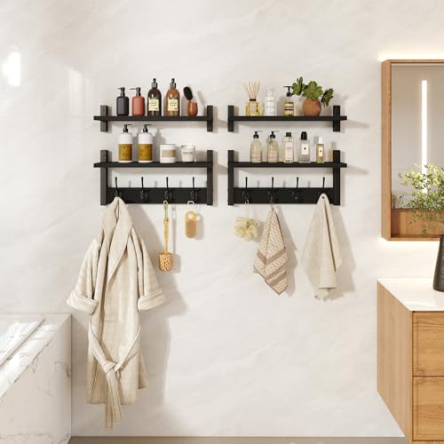 YMYNY Double Shelf Coat Rack Wall Mount with 8 Hooks, Black HWS009B-2 | Wooden Coat Hanger Key Holder Wall Mount for Coats Hats Keys - Wood Wall Mounted Coat Rack with Shelf for Entryway & Bathroom - color: Black