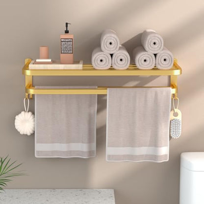 23 Inch Gold Bathroom Towel Rack Towel Shelf with Double Towel Bars Lavatory Wall Mount Holder with Hooks Golden Stainless Steel Hotel Bath Rack - color: Gold