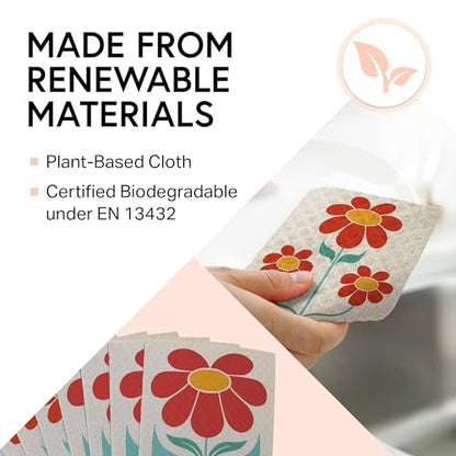 Swedish Wholesale Dishcloths Reusable 8" x 7" Sponge Cloths, Bulk 10 Pack of High Absorbent Cellulose Dish & Kitchen Cleaning Hand Towels, Wring to Dry & Machine Wash, Odor Resistant, Red Flower - color: Red Flower