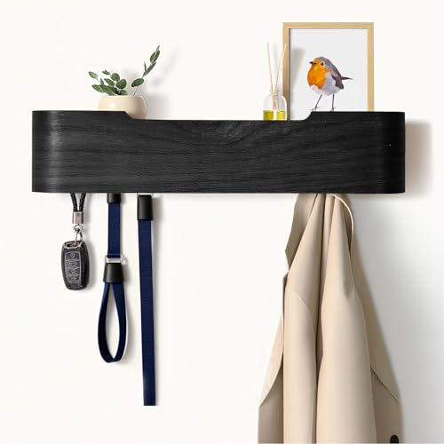 Coat Rack Wall Mount with Hidden Hooks, Wall Hooks with Shelf, Wall Key Holder Mount Wooden Shelf Entryway Hooks for Bedroom Bathroom for Hanging Coats Hats Bags Towels (Black, 5 Hooks) - color: Black, size: 5 Hooks