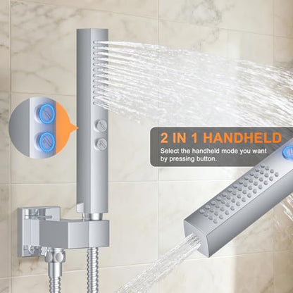 Chrome Shower System with Tub Spout, Ceiling Mounted Bathtub Shower Faucet Set, 12" Rainfall Shower Head and Handheld Shower Combo, High Pressure Shower Fixtures Set with Rough-in Valve - color: Polished Chrome, style: 12" Ceiling Mounted Shower System wi