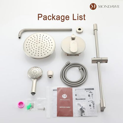 MONDAWE 9 Inch Wall Mounted Shower Faucet Set in Brushed Nickel, Rainfall Shower Head with 3-Setting Handheld Spray Shower Set Combo, High Pressure Shower System with Solid Brass Valve - color: Brushed Nickel, style: 9 IN - Without Tub Spout
