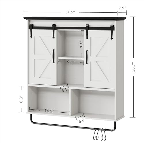 IRONCK Bathroom Wall Cabinet, Farmhouse Medicine Cabinet with Sliding Barn Door and LED Lights, Storage Cabinet Wall Mounted with Adjustable Shelves & Towel Bar for Bathroom, Kitchen, White
