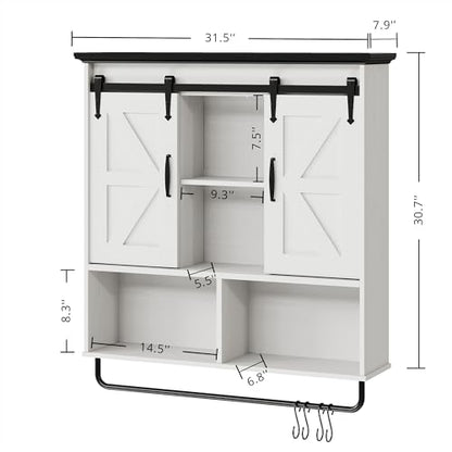 IRONCK Bathroom Wall Cabinet, Farmhouse Medicine Cabinet with Sliding Barn Door and LED Lights, Storage Cabinet Wall Mounted with Adjustable Shelves & Towel Bar for Bathroom, Kitchen, White