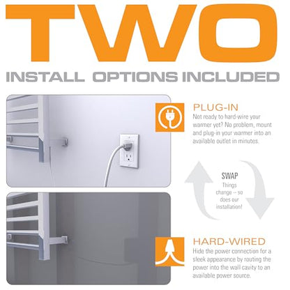 Brandon Basics Wall Mounted Electric Towel Warmer with Built-in 1 & 2 Hour Timer and Hardwired and Plug in Options (Brushed)