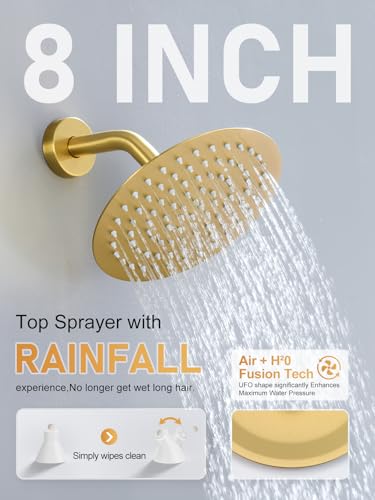 Woindo Shower Faucet Set 10" Rain Shower Head/8'' Side Shower Head and 3 Setting Handheld Ceiling Mount 3 Push Button Diverter Complete Rainfall Round Shower System Included Valve Trim Kit - color: Brushed Gold, style: 10"-R-Ceiling-02