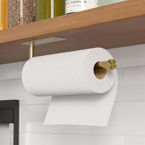 Paper Towel Holder Under Cabinet, Self-Adhesive,No Drilling, Stainless Steel, Wall-Mounted for Kitchen and Bathroom, Easy Install, Durable, Space-Saving, Ideal for Home, RV (Gold, 1 Pack) - color: Gold