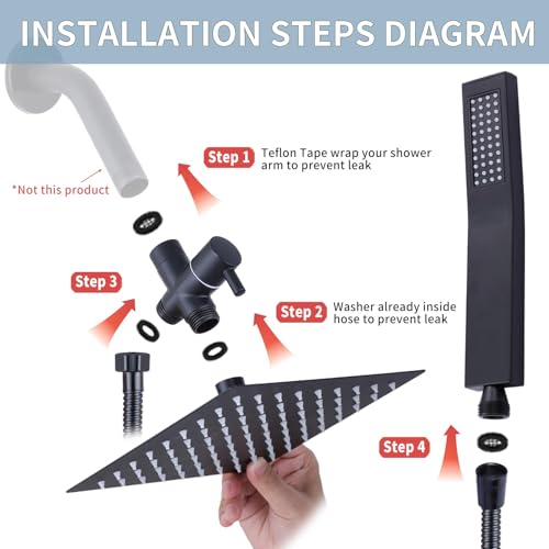 Rainfall Shower Head with Handheld Combo High Pressure, Dual Shower Head 8 Inch Square with Long Hose, Rain Showerhead with Handheld Sprayer(black)